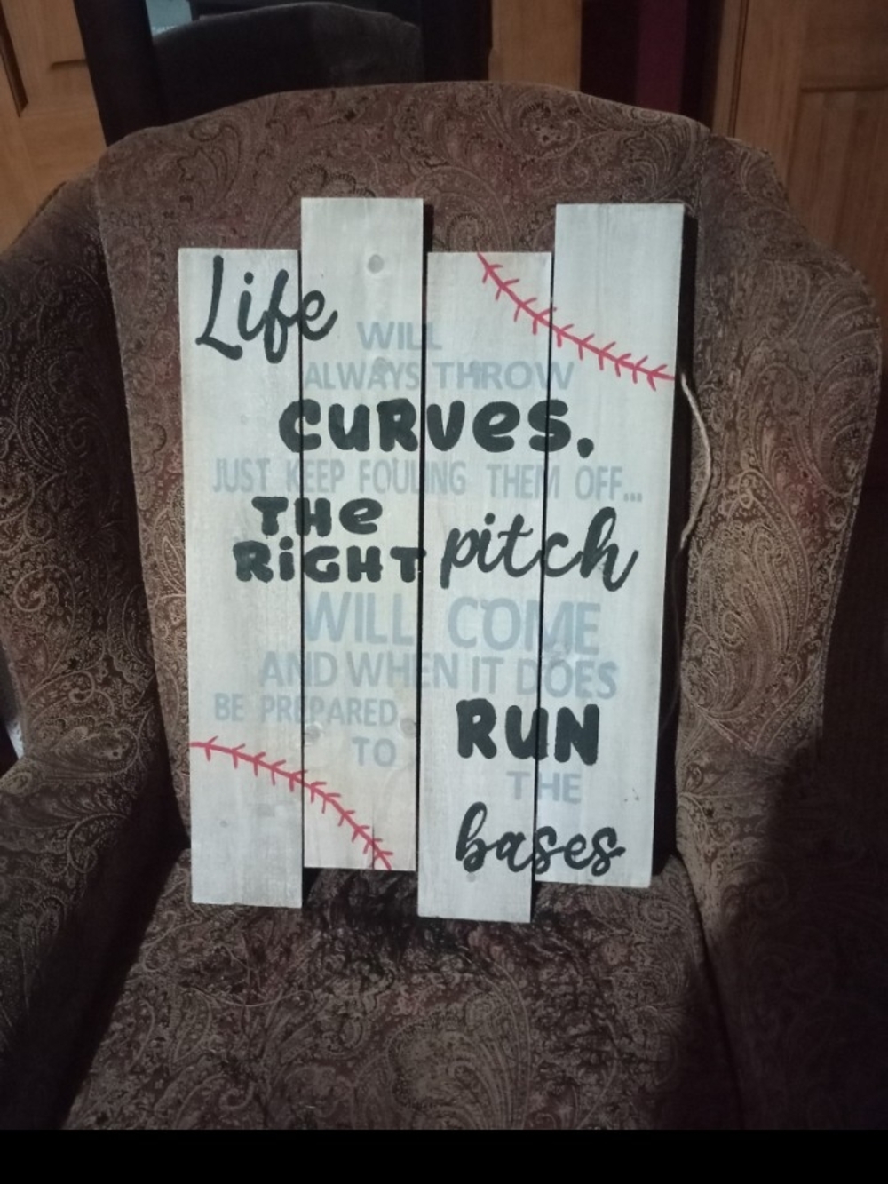 Rustic Baseball Wall Sign - White with Red and Black